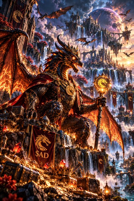 An epic fantasy digital artwork featuring a large dragon perched on a mountain holding a glowing staff, with a banner reading 'SAD' and elaborate castles and waterfalls in the background.