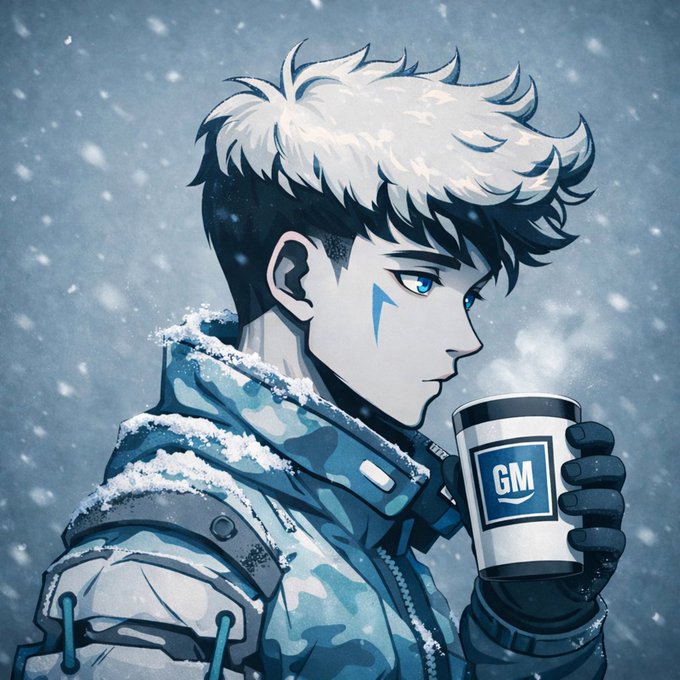 The image features a young man with blue eyes holding a cup of coffee while standing outside in the snow. The background shows a snowy day, which adds to the overall atmosphere of the scene. The caption provided seems unrelated to the main subject matter or the image itself and does not provide any additional information about the photo.