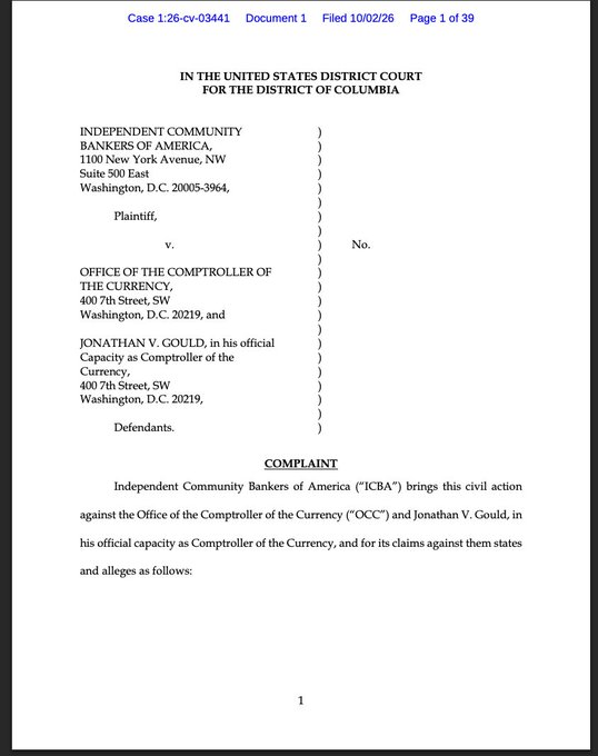 The first page of a legal complaint filed on 10/02/26 (Case 1:26-cv-03441) in the U.S. District Court for the District of Columbia, where Independent Community Bankers of America is suing the Office of the Comptroller of the Currency and Jonathan V. Gould.