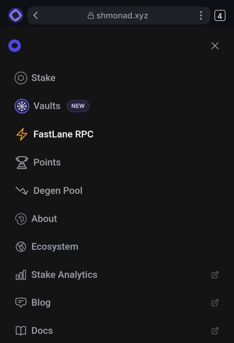 A screenshot of a dark-themed mobile website menu for shmonad.xyz, displaying navigation options including Stake, Vaults (NEW), FastLane RPC, Points, Degen Pool, About, Ecosystem, Stake Analytics, Blog, and Docs.