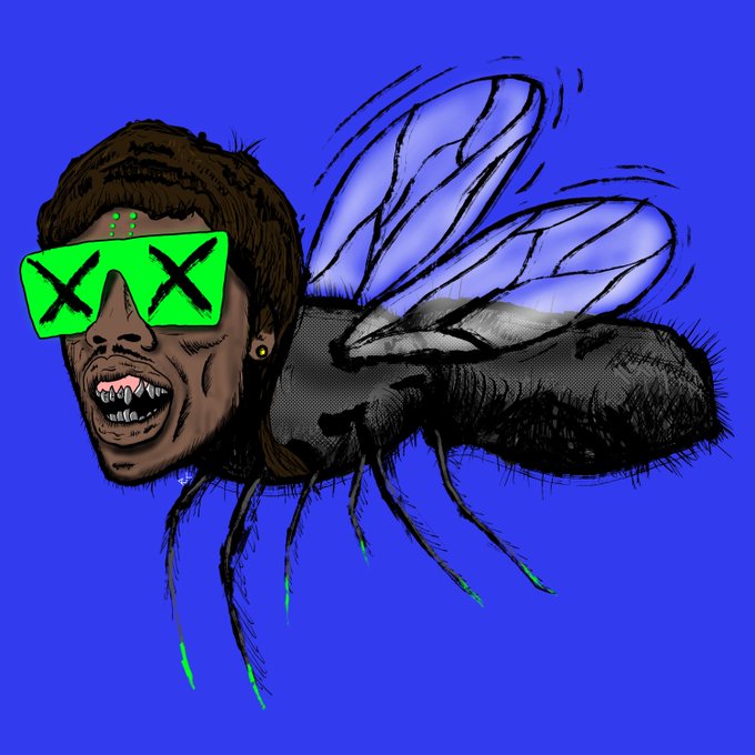 A digital illustration depicting a hybrid creature with a human head wearing bright green sunglasses marked with black X's, attached to the body of a black fly on a blue background.