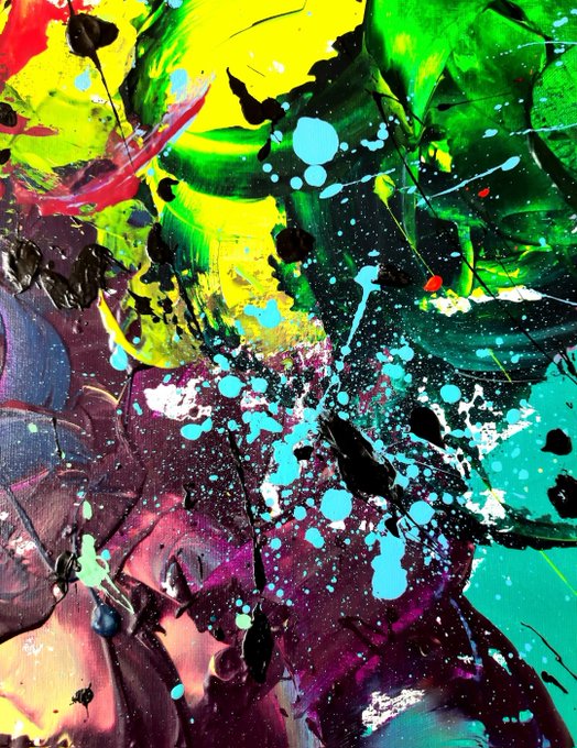An abstract painting featuring vibrant splashes of yellow, green, cyan, magenta, and black paint with dynamic splatter effects.