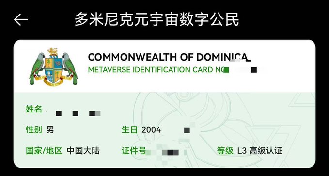 A 'Commonwealth of Dominica Metaverse Identification Card' in Chinese, showing fields for name, gender (male), birthday (2004), country (China mainland), and Level 3 advanced certification, with some information pixelated.