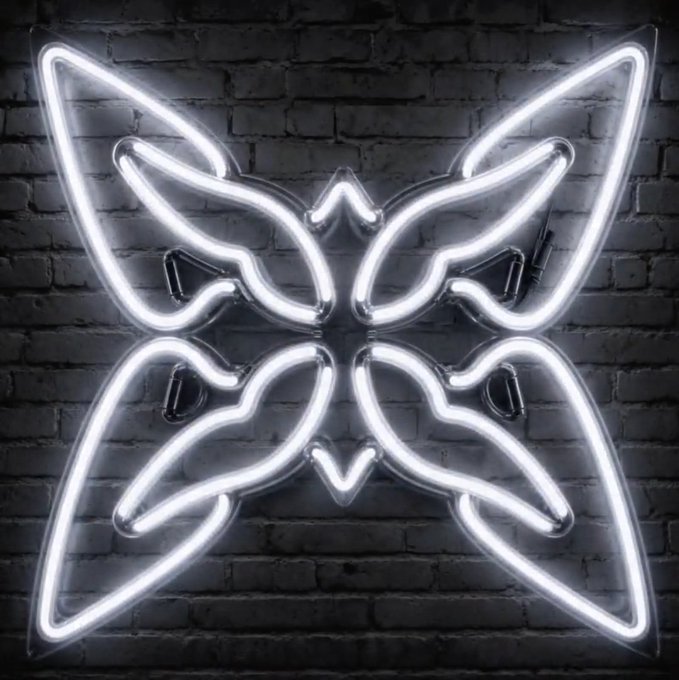 A white neon sign shaped like a butterfly is mounted on a dark brick wall.