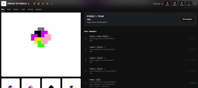Screenshot of a 'Proof of Pixels' NFT project webpage showing a pixel art image and mint schedule for Stage 1 Team on August 28 at 7:45 AM GMT+7.
