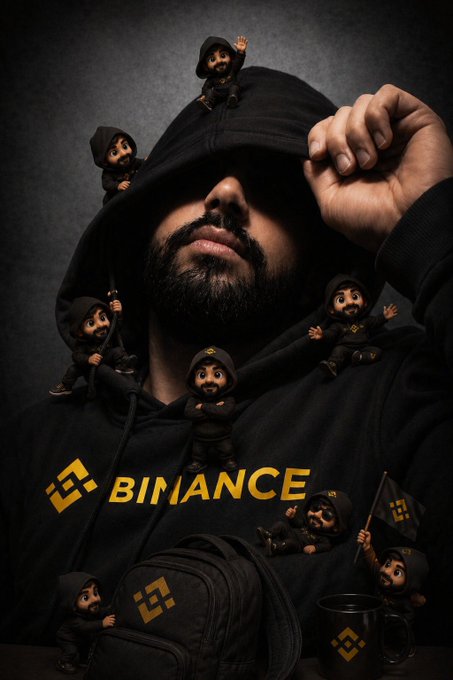 A person wearing a black Binance hoodie is surrounded by several miniature figurines of themselves, celebrating Binance's 9th anniversary. The image humorously visualizes the caption "Me and Mini me wish you happy 9YA" through the various small versions of the person positioned around them.