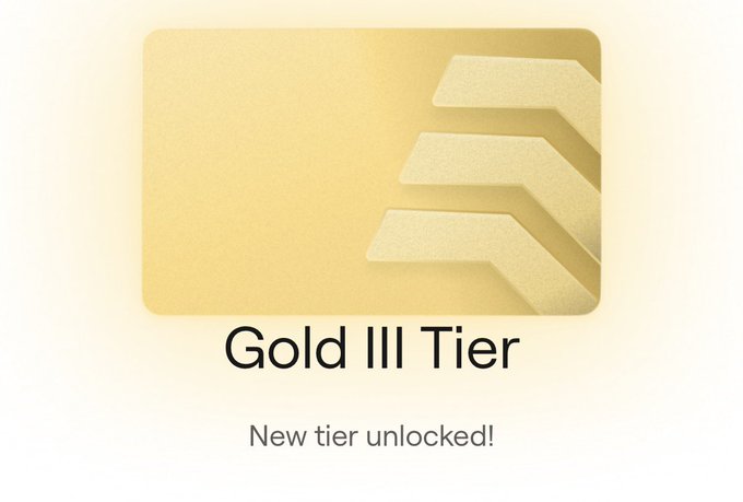 Gold tier achievement card displaying 'Gold III Tier' with the text 'New tier unlocked!' beneath a gold emblem.