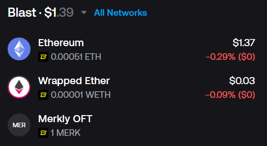 A cryptocurrency wallet interface showing 'Blast' with a $1.39 value, listing Ethereum at $1.37, Wrapped Ether at $0.03, and Merkly OFT on 'All Networks'.