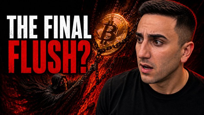 A YouTube thumbnail featuring a man looking concerned with the text 'THE FINAL FLUSH?' displayed prominently, alongside a Bitcoin coin breaking free from chains against a red background.