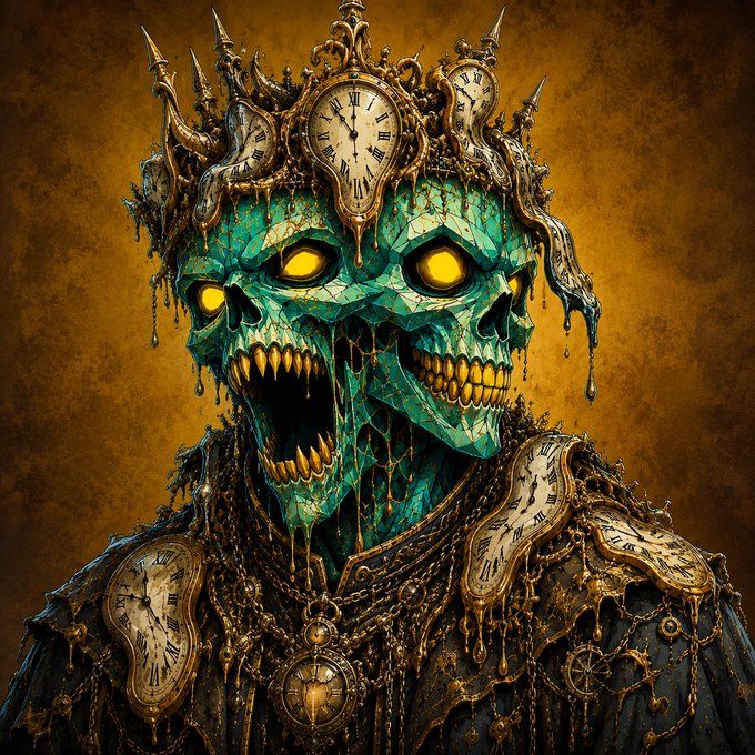 A fantastical skeletal figure with a greenish skull and glowing yellow eyes wears a crown adorned with melting clocks and pocket watches, suggesting a surreal interpretation of time.