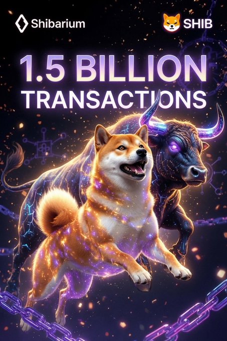 A vibrant cosmic-themed promotional graphic for Shibarium and SHIB featuring a glowing, galaxy-infused Shiba Inu alongside a celestial bull, with bold purple text announcing "1.5 BILLION TRANSACTIONS." The image visually reinforces the post's celebration of Shibarium reaching this major milestone, with the bull symbolizing the "BIG WIN" for the Shib Army and the cosmic energy emphasizing the network's powerful utility and momentum.