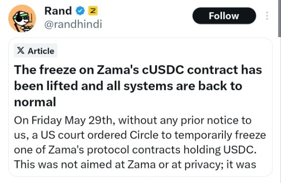 The image features a screenshot of an article posted on Twitter. The title of the article is "Freeze on Zamora's USDC Contract has been lifted and all systems are back to normal. On Friday May 29, without any prior notice to us, a US court ordered Circle to temporarily freeze us, one of which was already frozen by Zamora". A twitter handle with a photo of a person can also be seen in the image.