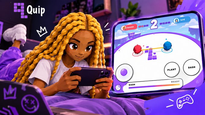 A promotional image for the 'Quip' app featuring a 3D-rendered character with yellow braids playing a mobile game, with a phone screen showing a game with 'PLANT' and 'DASH' buttons.
