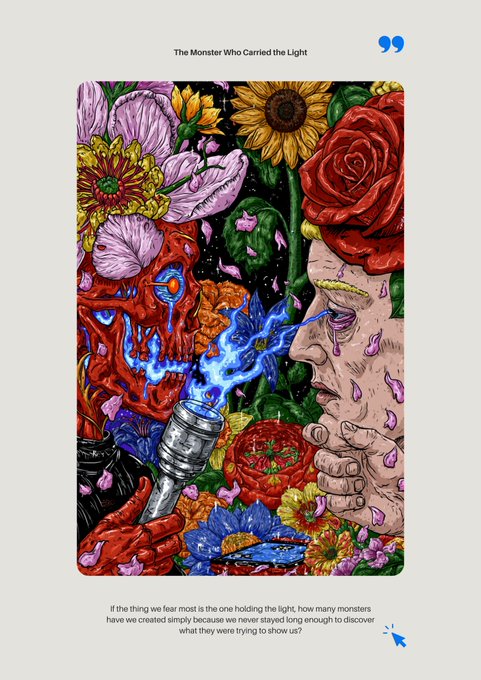 An artistic illustration titled 'The Monster Who Carried the Light' showing a red skull and a figure with a rose for a head exchanging blue energy from a small container, surrounded by flowers.