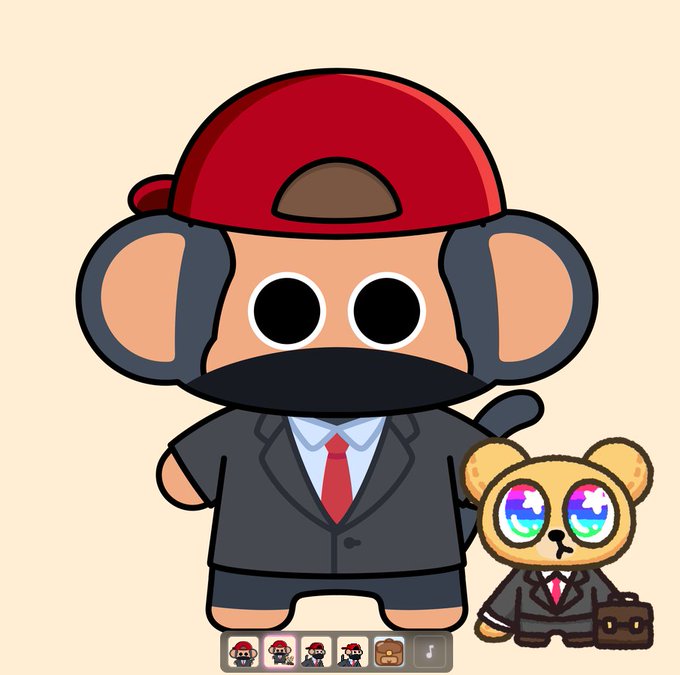 A cartoon monkey character wearing a red cap and black suit with a red tie stands next to a smaller bear-like character in a suit with a briefcase.