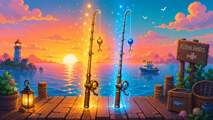 A vibrant pixel art illustration depicting two glowing fishing rods on a wooden dock at sunset, with a lighthouse on the left, a boat on the right, and a 'FISHLANDS' wooden sign.