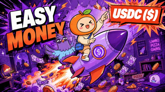 The image features a cartoon character riding a rocket ship, with the text "Easy money" written above them. The character appears to be smiling as they fly through space. In the background of the image, there are various objects such as a pizza box, a book, and a chair. These items suggest that the post is promoting an easy way to make money using cryptocurrency or other digital assets.