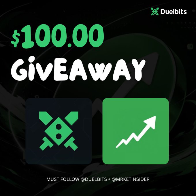 A $100 giveaway graphic by Duelbits featuring the brand's crossed-swords emblem alongside an upward trending chart icon, with text instructing participants to follow @Duelbits and @MrketInsider to enter.