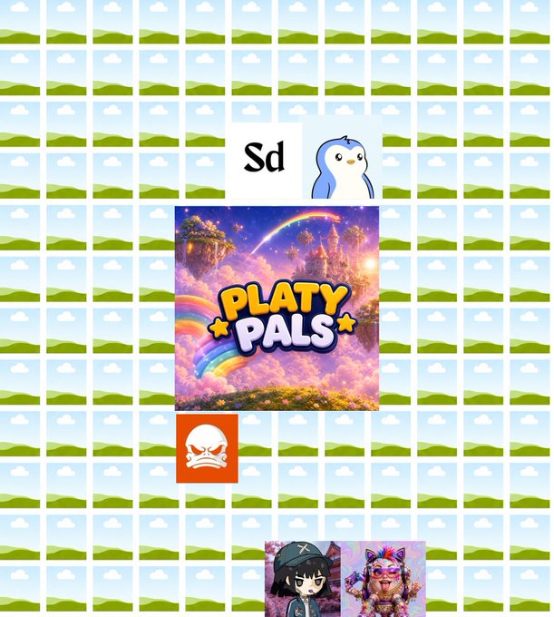 A collage against a sky pattern background features the word 'Sd' with a penguin emoji, the game title 'PLATTY PALS,' an orange skull logo, and small character images.