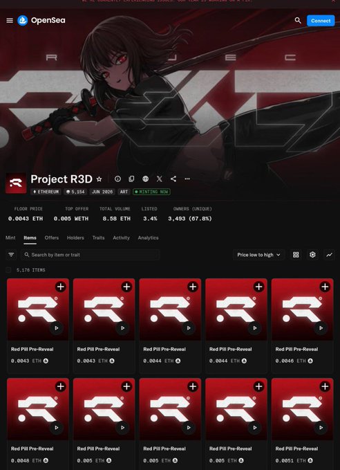 OpenSea collection page for 'Project R3D' on Ethereum with 5,176 items, 3.4% listed, floor price 0.0043 ETH and total volume of 8.58 ETH.