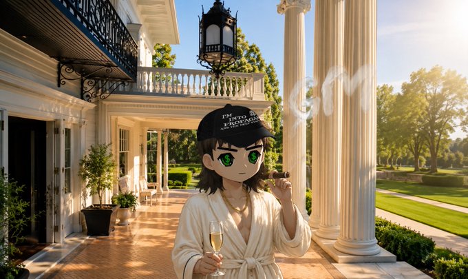 An anime-style character wearing a black cap, robe, and gold chains stands on a luxurious mansion's veranda, holding a champagne glass and cigar.