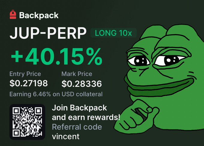 A Backpack promotional image highlights a JUP-PERP long position (10x leverage) with a +40.15% gain, showing an entry price of $0.27198 and mark price of $0.28336, while a Pepe frog points to a referral code "vincent" and a QR code — tying in with the post by @kashdhanda about $JUP being sent via Backpack.