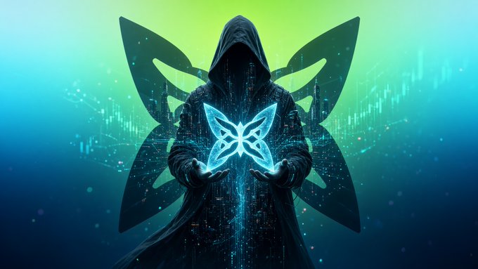 A hooded, cloak-wearing figure with large dark wings stands against a glowing blue-green background, holding a luminous butterfly-shaped energy symbol in their cupped hands.