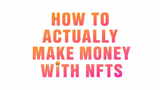 Bold gradient text reading 'HOW TO ACTUALLY MAKE MONEY WITH NFTS' with a small emoji face replacing the 'O' in 'WITH', on a white backdrop.