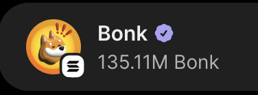 A Bonk token profile with a verified checkmark showing 135.11M Bonk balance.