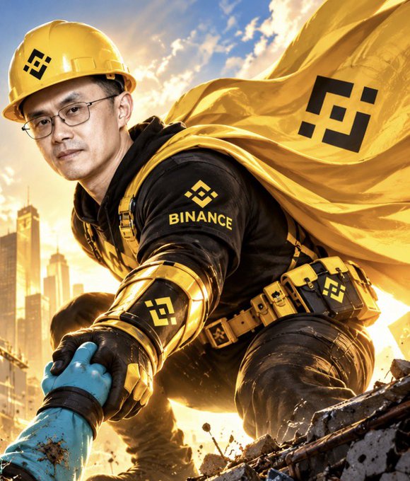 A heroic, superhero-style illustration shows CZ, the former CEO of Binance, wearing a yellow hard hat and cape emblazoned with the Binance logo, kneeling among rubble to extend a helping hand. The image visually reinforces the post's message of crypto industry solidarity, symbolizing Binance (and BNB Chain) rallying to support Bitget during a difficult moment rather than capitalizing on its misfortune.