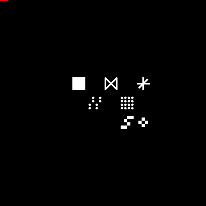 A minimalist black screen displays small white geometric icons including a square, bowtie, asterisk, plus, dot, grid, and checkmark patterns in the center.
