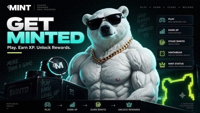 A promotional graphic for 'MINT' featuring a muscular polar bear wearing sunglasses and a gold chain, with text reading 'GET MINTED, Play. Earn XP. Unlock Rewards' alongside gaming and staking features.