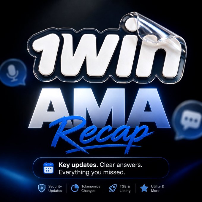 A promotional graphic for '1WIN AMA Recap' featuring a stylized 1WIN logo, microphone icon, and chat bubble icons, with text reading 'Key updates. Clear answers. Everything you missed.' along with categories like Security Updates, Tokenomics Changes, and TGE & Listing.