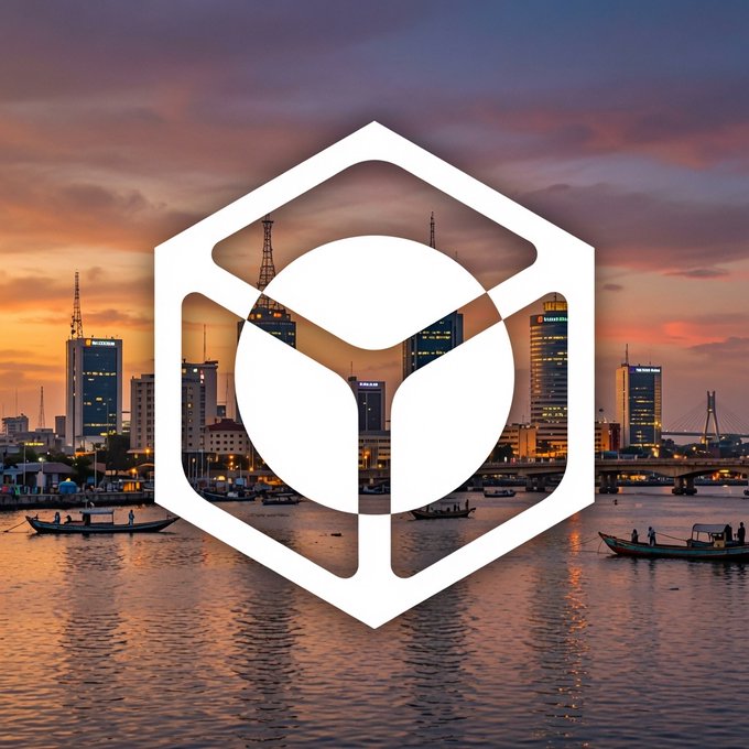 A cityscape at sunset featuring a river, bridge, and skyline, overlaid with a large white hexagonal logo.