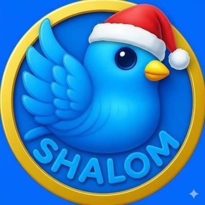 A blue bird wearing a red Santa hat inside a gold circle with the text "SHALOM" below it.