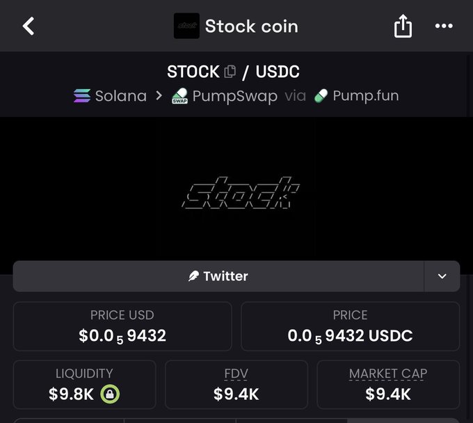 The image shows a conversation screen for Stock Coin on USDC with various information displayed on a dark background. The main focus of the image is the text "AorBKYpnvMc764Y6S1TUwAqrSYfw1nRHZkNLMKpump I knew crypto wasn't what it used to be when I saw $Stockcoin still sitting at this market cap despite all the massive news around stocks, IPOs, and the broader market.". It appears that someone is discussing the current state of Stock Coin within the cryptocurrency market or trading platform they are using. The screen also includes a price list with several options for selling crypto or purchasing it on USDC. This indicates that users can actively engage in the stock market through this specific platform.