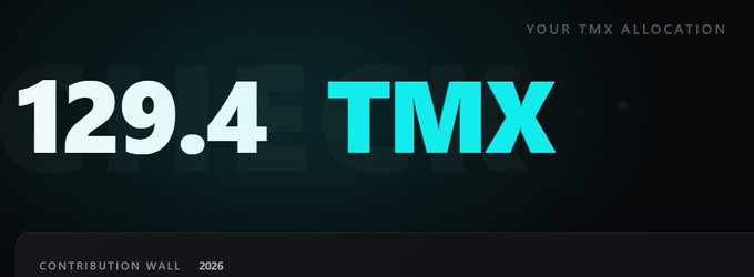 A dark-themed dashboard widget displaying 'YOUR TMX ALLOCATION' with the value '129.43 TMX' in large white and cyan text, with a 'CONTRIBUTION WALL 2026' label at the bottom.