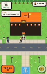 A pixel art mobile game screenshot showing a street scene with a character standing in front of a building, displaying 'FEED THE PIGGY' with a $0 balance, instructions to 'Tap TRADE to earn $15', and a 'TRADE' button at the bottom.