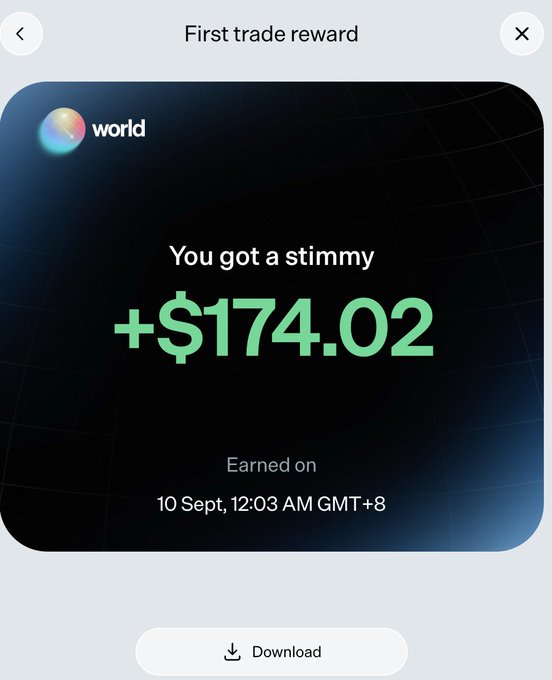 A screenshot of a 'First trade reward' notification from Worldcoin/World, showing 'You got a stimmy +$174.02' earned on '10 Sept, 12:03 AM GMT+8' with a Download button.