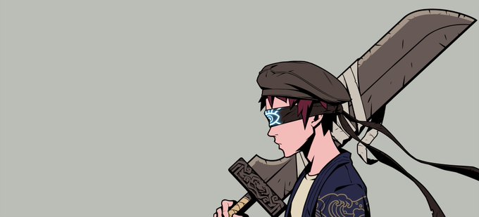 An anime-style illustration of a character in profile with reddish hair, wearing a cap, goggles, and a blue jacket while carrying a large sword on their back.