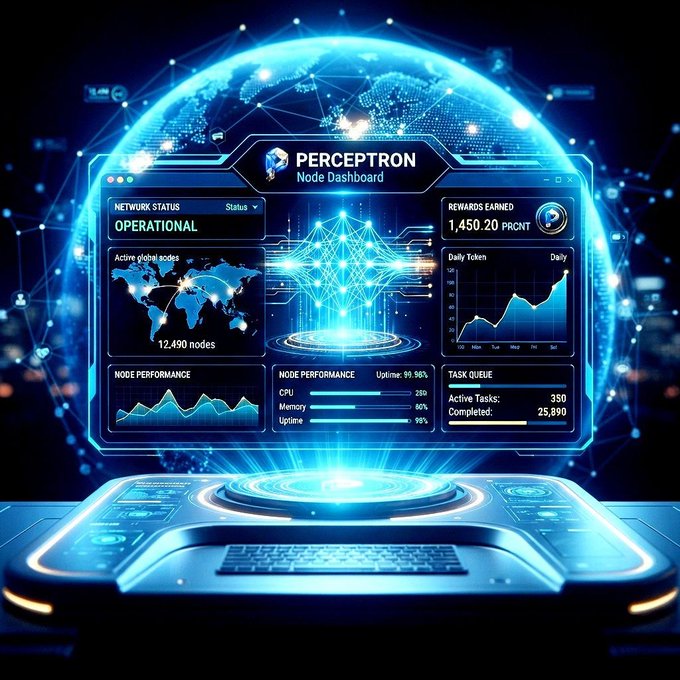 A futuristic 'PERCEPTRON Node Dashboard' interface displaying network status, rewards earned (1,450.20 PRCNT), active global nodes, and performance metrics over a holographic globe and laptop.