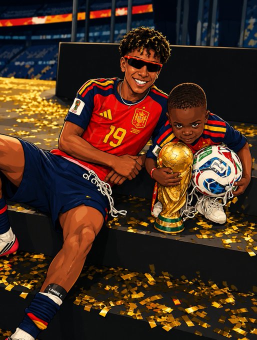 An illustrated Spanish soccer player wearing jersey #19 and sunglasses sits next to a child holding the World Cup trophy and a soccer ball, surrounded by gold confetti.
