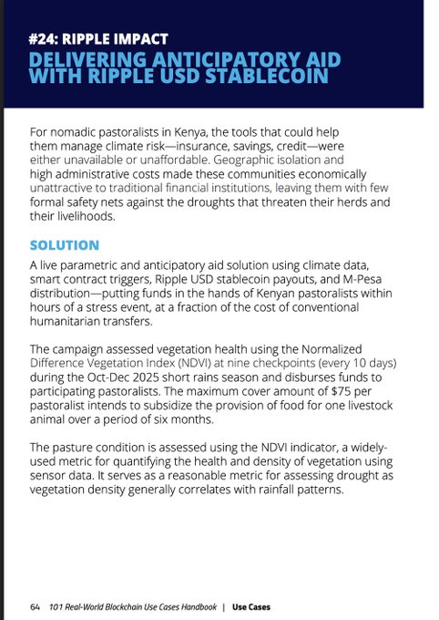 The image shows a white piece of paper with blue text that reads "Ripple Impact #24 Ripple impact deliverAnticipatory aid with ripple usd stablecoin". The text also includes some information about Ripple technology, which states that Ripple is global and delivers instant payments using smart contract triggers and climate data to mitigate against droughts and stress events.