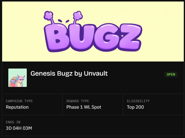 The image shows a campaign page on Nucleus for "Genesis Bugz by Unvault" featuring a purple "BUGZ" logo with antennae, indicating an open reputation-based campaign where the top 200 participants will earn a Phase 1 Whitelist spot, with 3 days, 4 hours, and 3 minutes remaining.

This visually supports the post by displaying the exact campaign details the user is highlighting—the reputation-based mechanics, top 200 eligibility for Phase 1 WL, and the time-sensitive nature of the opportunity for Genesis Bugz holders.