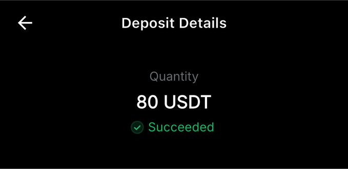 Mobile app screen displaying 'Deposit Details' with a 'Quantity' of '80 USDT' marked as 'Succeeded' with a green checkmark.
