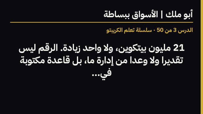 A black and yellow Arabic text slide titled 'أبو مالك | الأسواق بسيطرة' (Abu Malik | Markets in Control) that reads in part 'الدرس 3 من 50 - سلسلة تعلم الكريبتو' and '21 مليون بيتكوين، ولا واحد زيادة' discussing Bitcoin's 21 million supply cap.