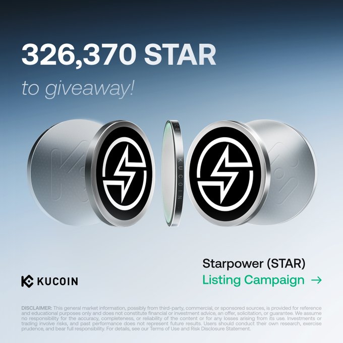 The image features a promotional poster for a cryptocurrency called KuCoin, which is offering a StarPower (STAR) campaign. The poster includes two coins with a lightning bolt symbolizing power or energy, as well as text that reads "3,370 STAR" and "to give away!". The poster also mentions the name of the campaign, "StarPower (STAR)", and provides details about how to participate in it.