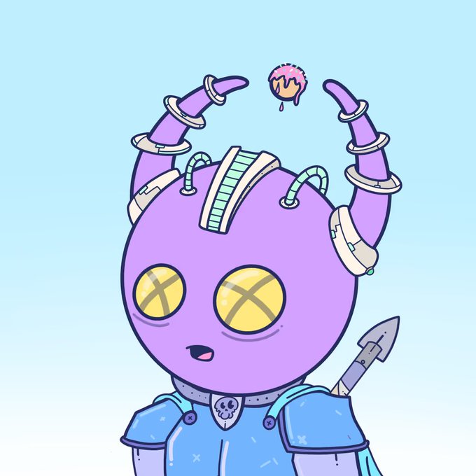 A cartoon-style illustration of a purple alien-like character with yellow X-shaped eyes, wearing mechanical horns and blue armor, holding a staff topped with a melting pink donut-like sphere.