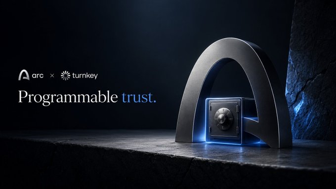The image features a silver box with blue lights around its edges placed on top of a rock. The text "Programmable Trust" is written above the box, indicating that this object has been integrated into a wallet or mobile device by @arc. This integration allows users to manage their transactions and access their funds securely using the wallet's programmable trust feature. The post also mentions that Turnkey's integration with @arc treats it as infrastructure from day one, which means that the wallet is ready for use right out of the box without any additional setup or configuration required by the user.