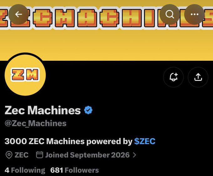 A Twitter/X profile page for 'Zec Machines' (@Zec_Machines) with a yellow and black banner, stating '3000 ZEC Machines powered by $ZEC' and showing 681 followers.